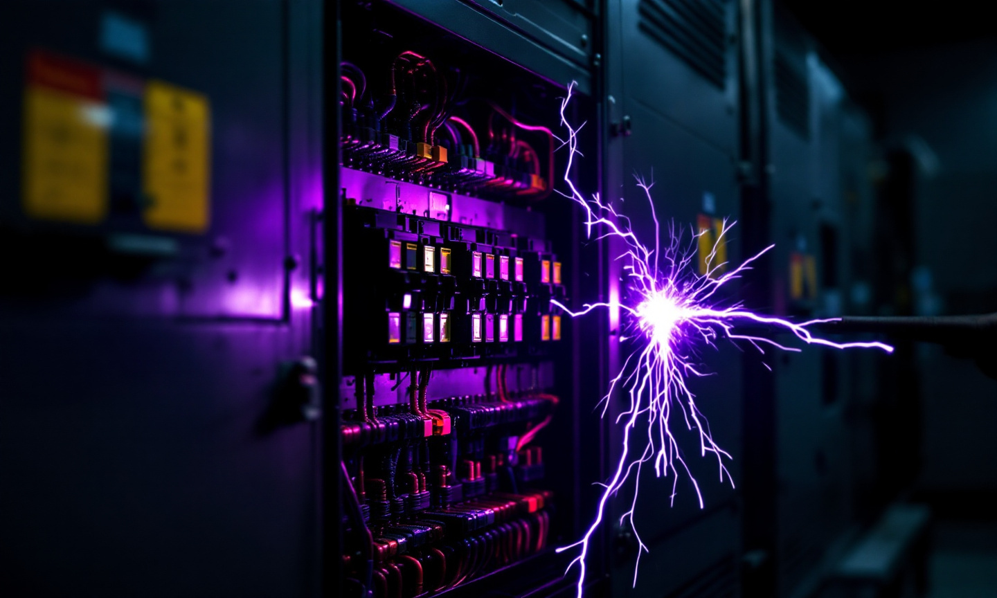 Open electrical breaker panel with an energized breaker arcing violet light