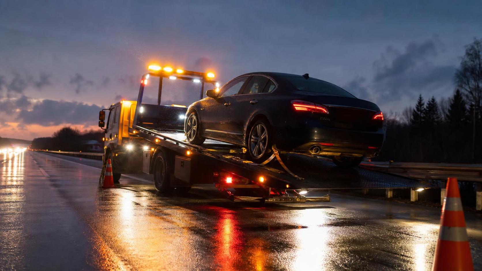 Flatbed tow truck with amber lights loading a car at night in Minnesota