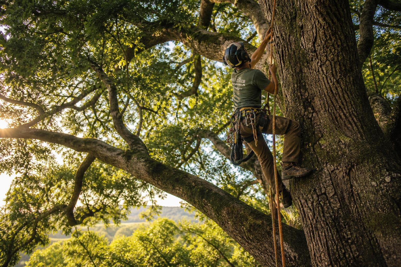 Arborist climbing high in a live oak canopy