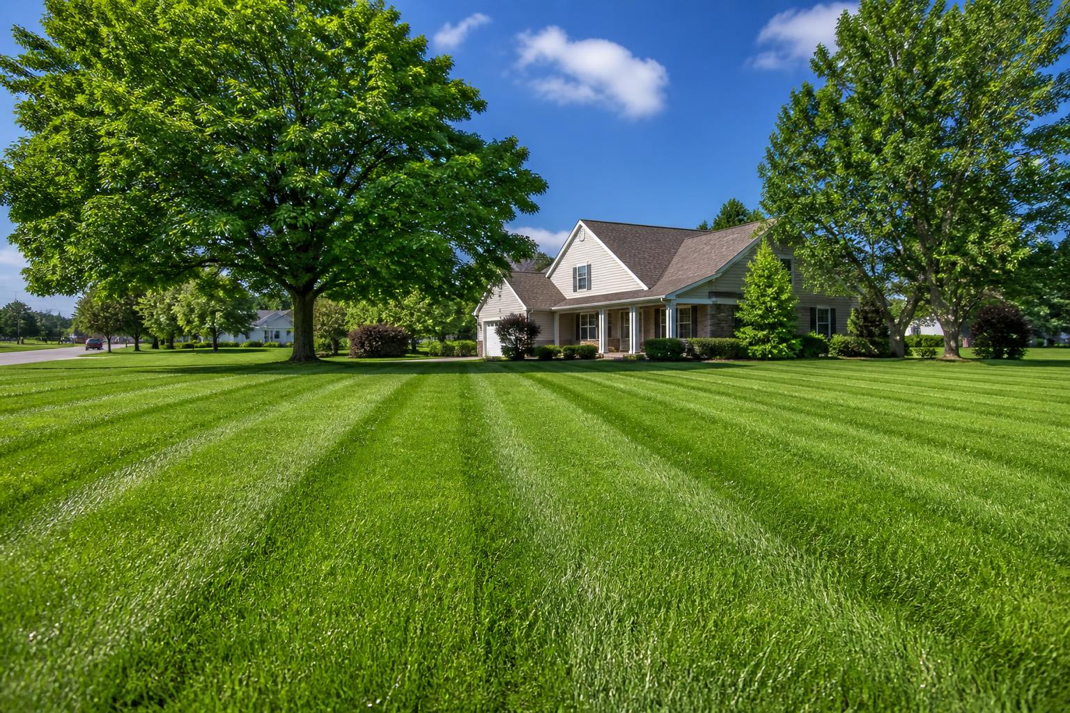 Freshly mowed lawn with crisp stripes under a sunny Missouri sky